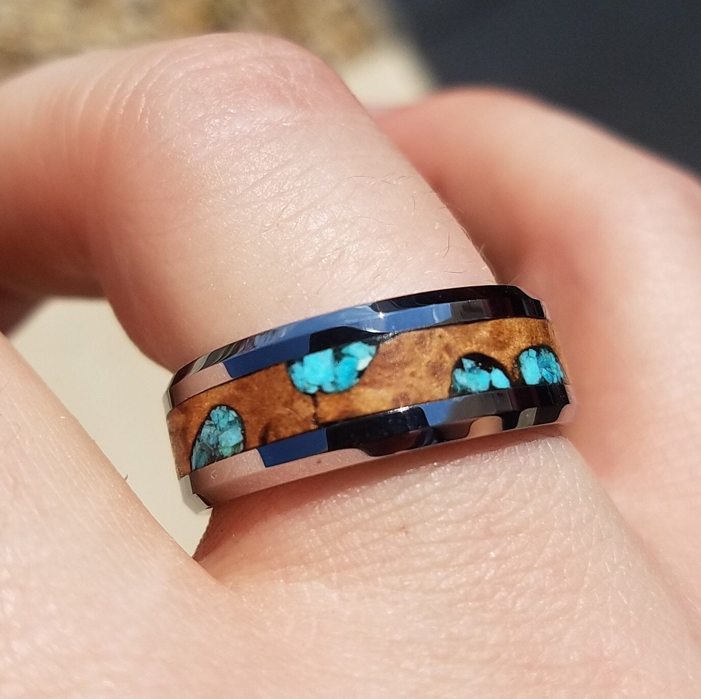 Tungsten ring with maple burl and turquoise inlay. Wooden ring. Tungsten ring. Turquoise ring. Men's ring. Women's ring. Sizes 7-13.