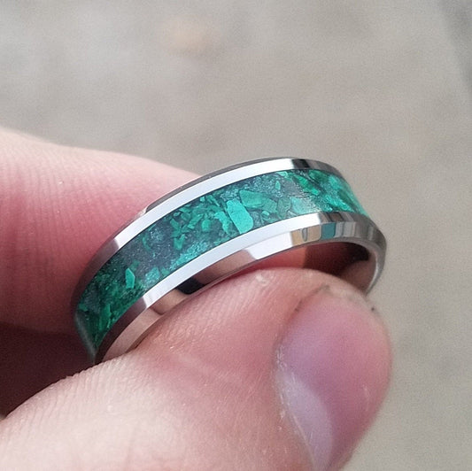 Tungsten carbide ring malachite and glowstone inlay. Glow ring. malachite ring. Men's ring. Women's ring. Sizes 5-13