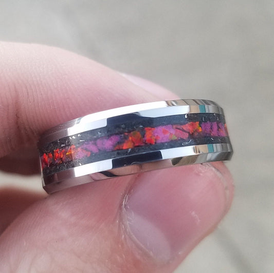 Tungsten carbide ring with meteorite, red fire opal, and glowstone inlay. Glow ring. fire opal ring. Men's ring. meteorite ring. Sizes 7-13