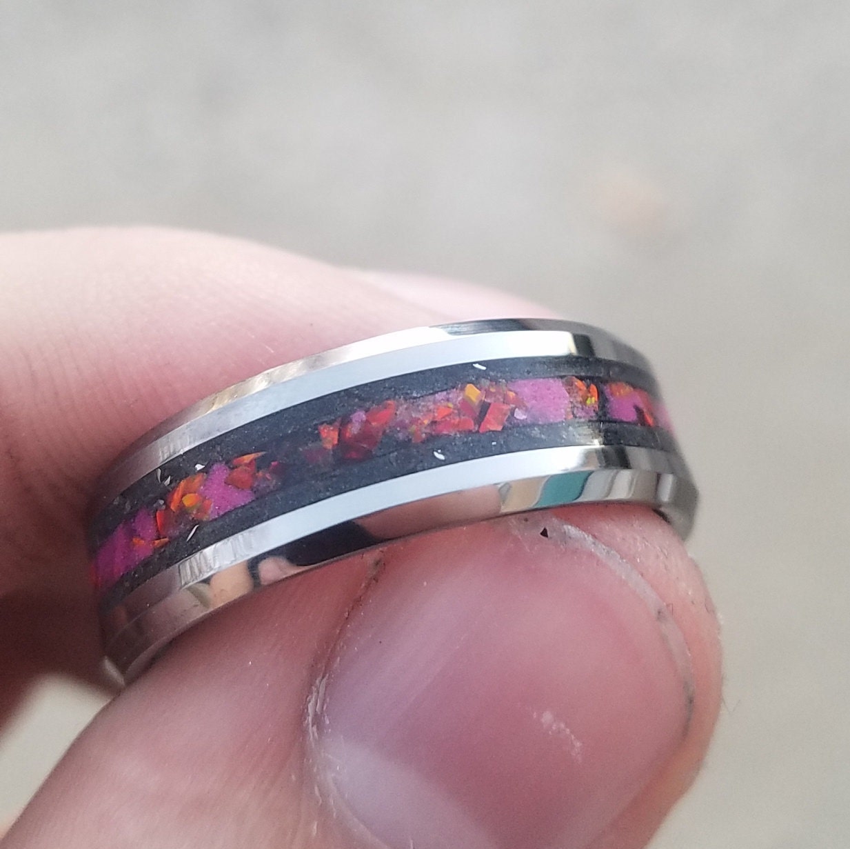 Tungsten carbide ring with meteorite, red fire opal, and glowstone inlay. Glow ring. fire opal ring. Men's ring. meteorite ring. Sizes 7-13