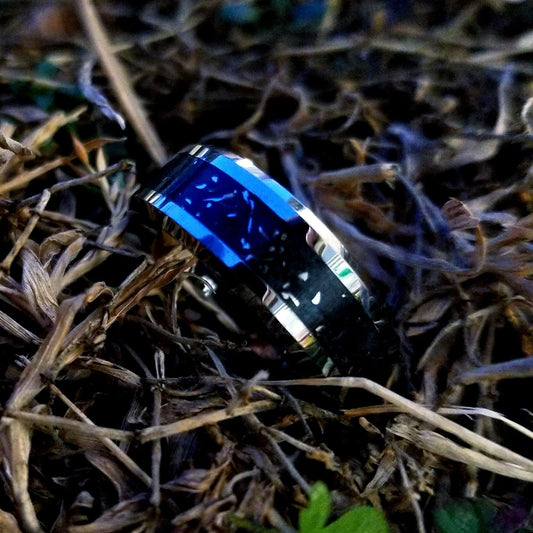 Tungsten carbide ring with Meteorite and black glowstone inlay. Glow ring. meteorite ring. Men's ring. Women's ring. Sizes 5-13