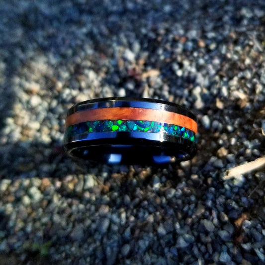 Black ceramic ring with maple burl and forest green opal inlay. Opal ring. green opal ring. men's wedding ring. Sizes 5-13