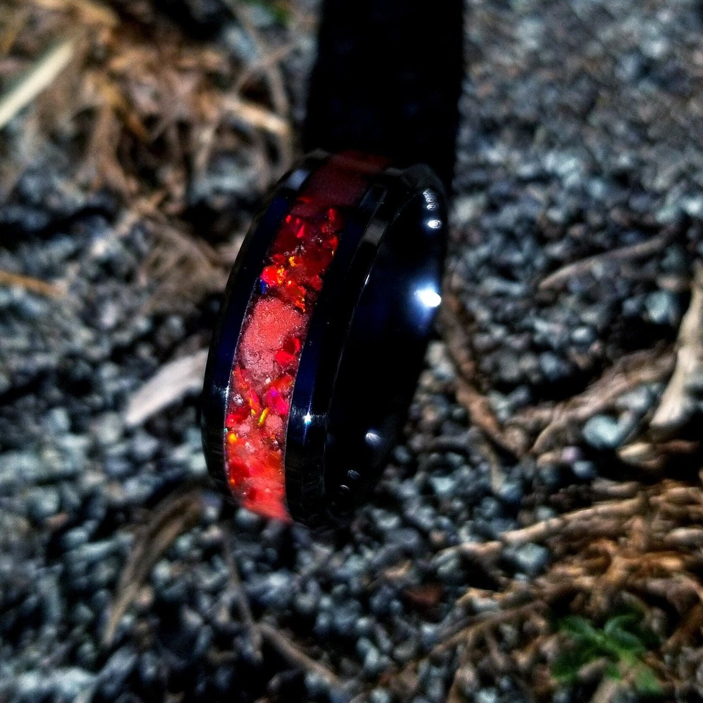 Black ceramic ring with red fire opal and glowstone inlay. Black ceramic ring. Red opal. Opal ring. Men's ring. Women's ring. Sizes 5-13