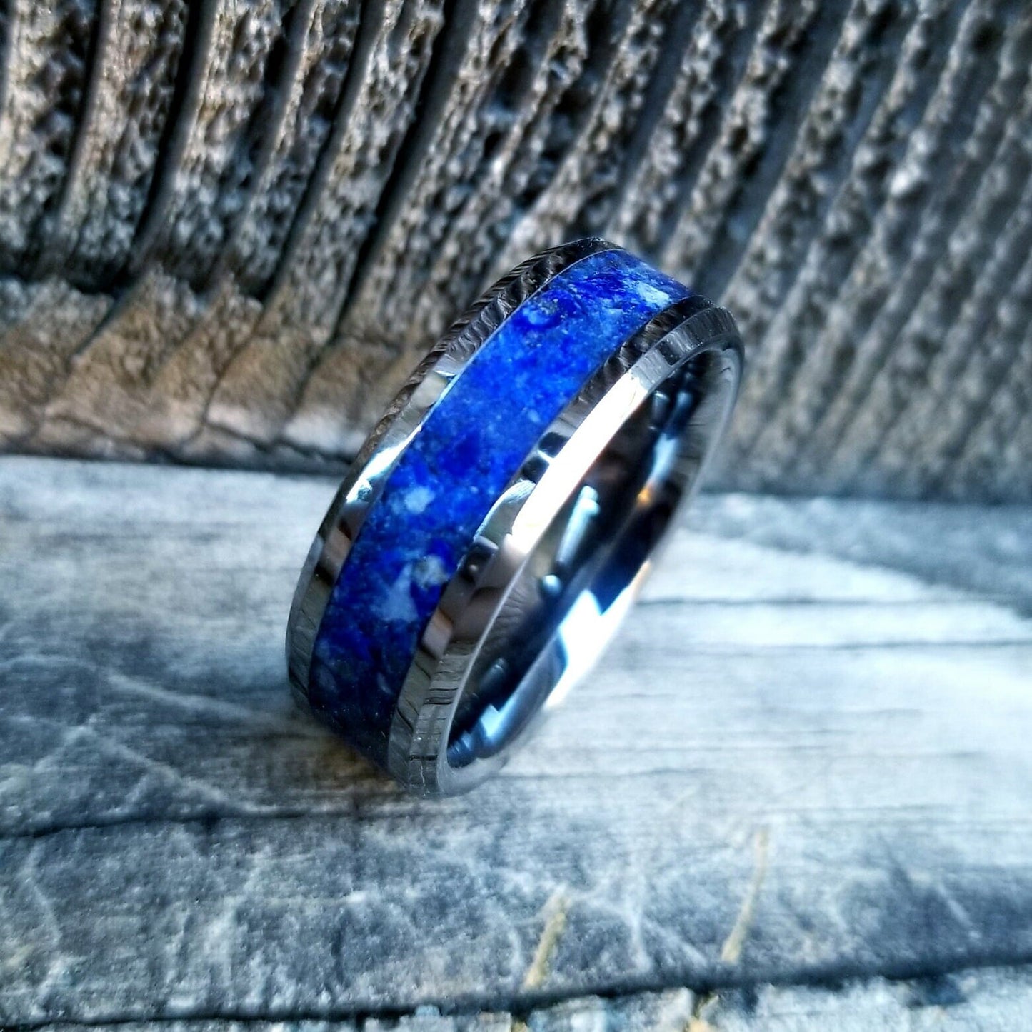 Tungsten carbide ring with lapis lazuli inlay. Crushed lapis lazuli ring.  Sizes 5-13