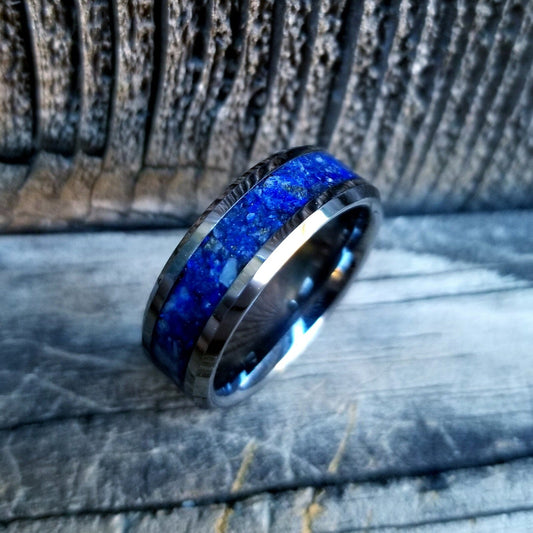 Tungsten carbide ring with lapis lazuli inlay. Crushed lapis lazuli ring.  Sizes 5-13