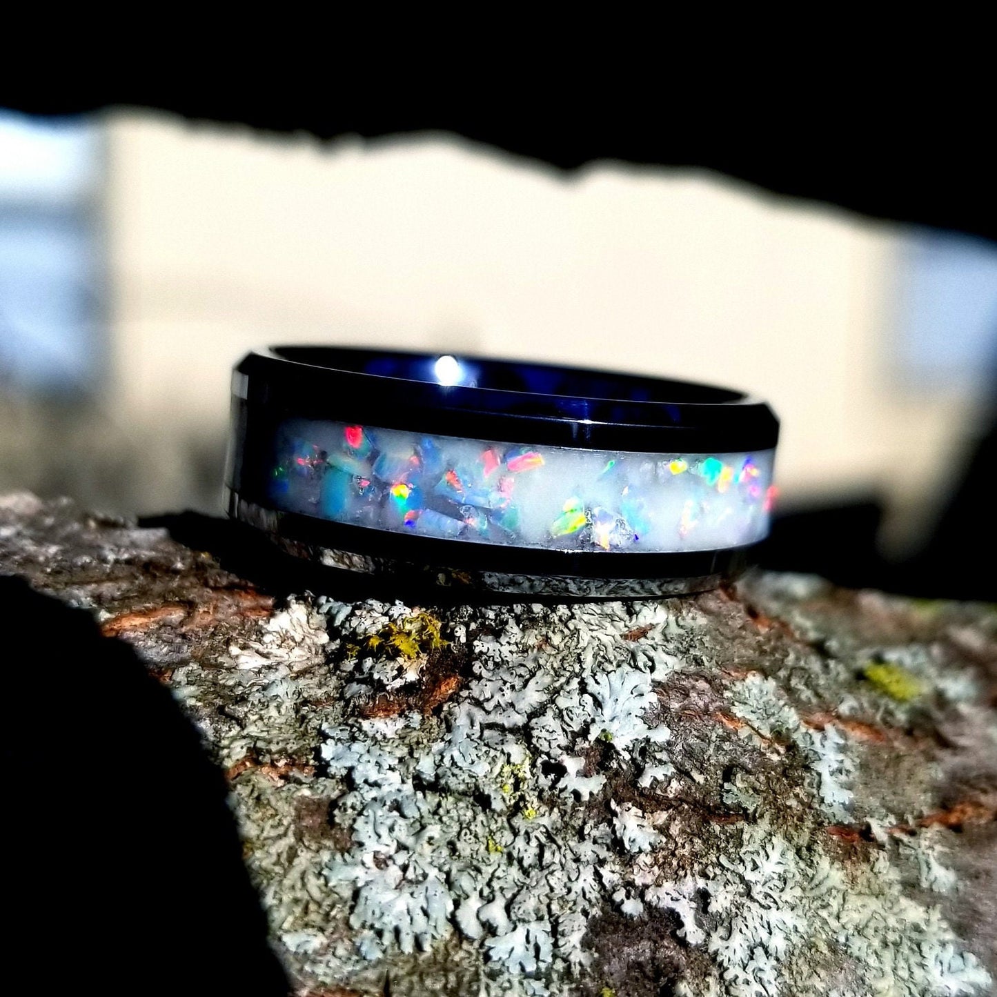 Tungsten carbide glow ring with white opal and glow stone inlay. White fire opal ring. Glow ring. Sizes 5-13