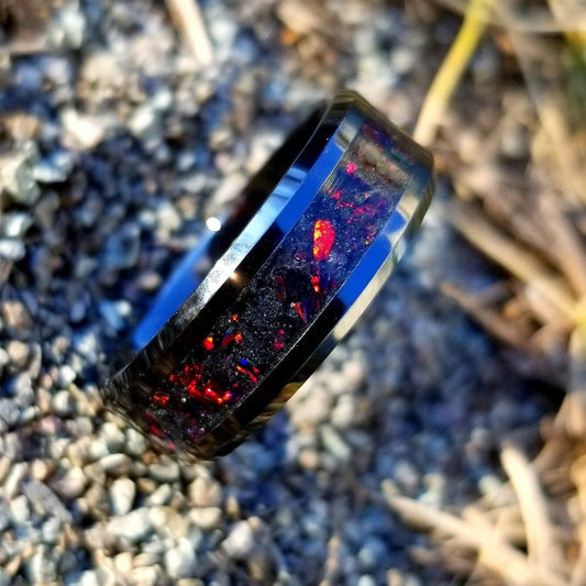 Black ceramic and fire opal blackout glow ring. Black ceramic ring. Black fire opal ring.