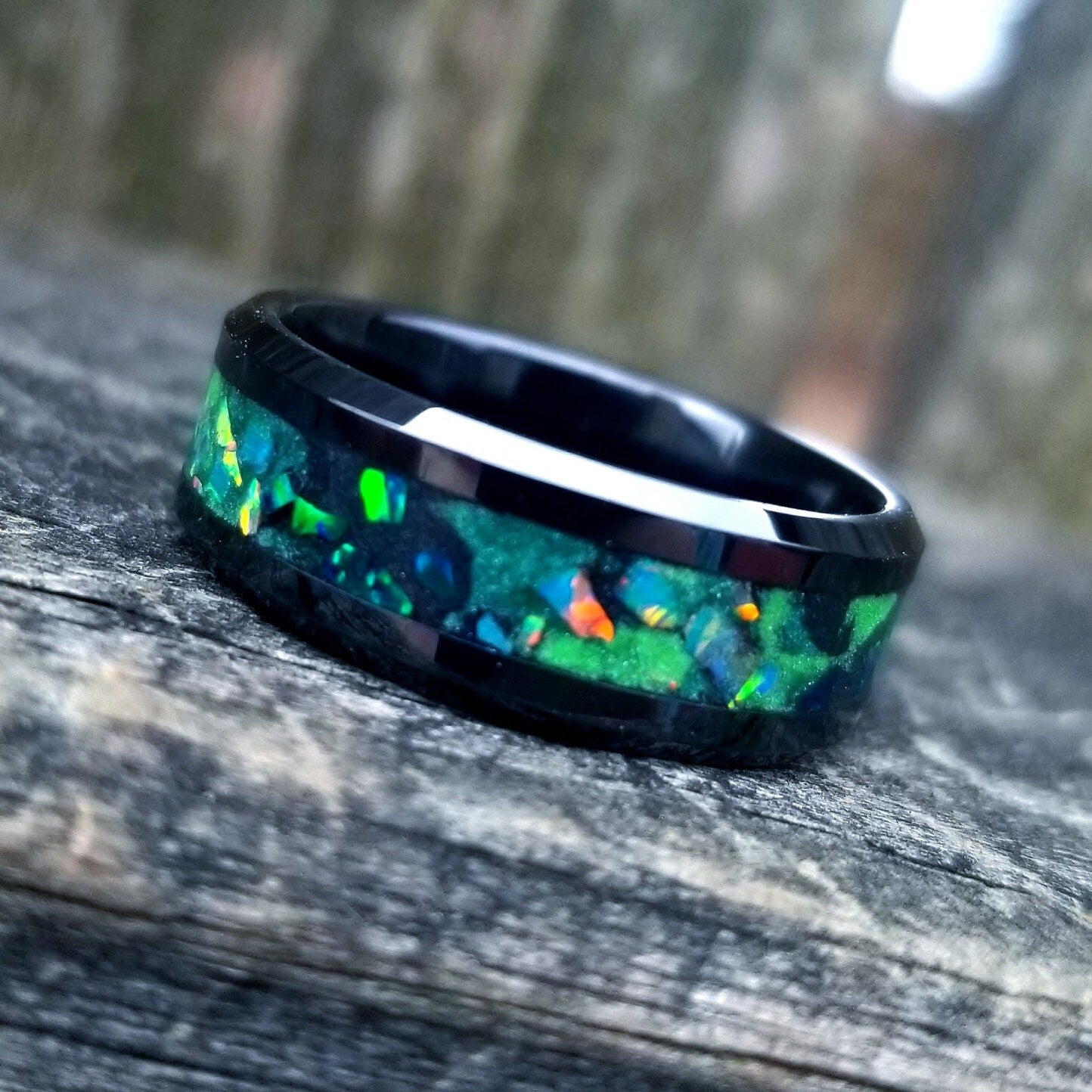 Galaxy opal ring. Black ceramic glow ring with forest green opal and jade fire opal inlay. Men's ring. Sizes 5-13