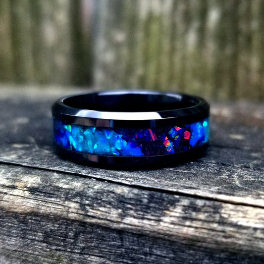 Black ceramic galaxy glow ring with turquoise opal and blue fire opal inlay. Men's ring. Women's ring. Wedding ring. Glow ring Sizes 5-13
