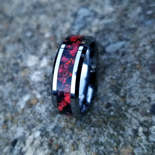 Tungsten carbide glow ring with black and red glowstone inlay, and blood red opal inlay. Men's ring, Women's ring, Opal ring, sizes 5-13
