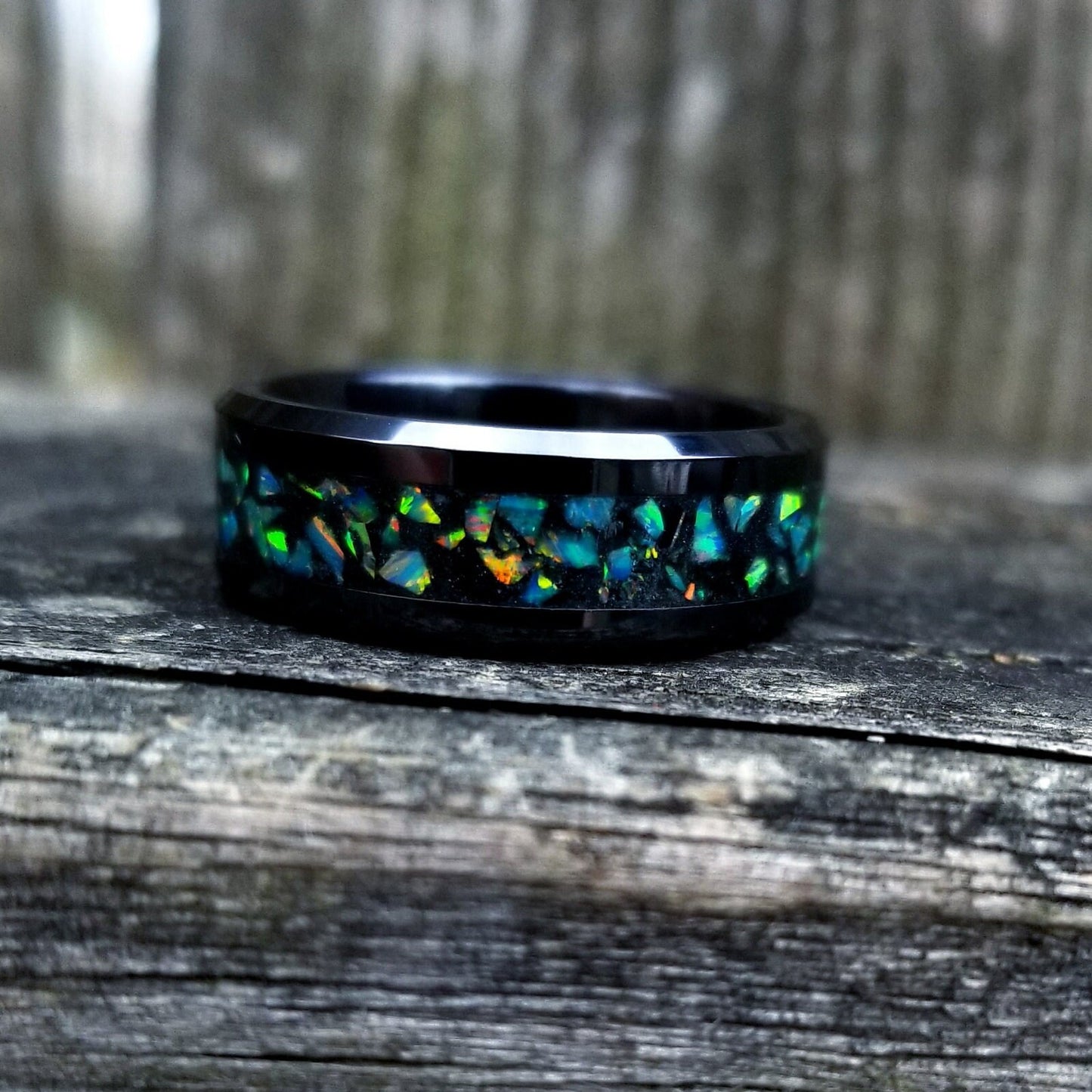 Black ceramic and jade opal blackout glow ring. Black ceramic ring. Black fire opal ring. Opal ring. Men's ring. Women's ring. Sizes 5-13