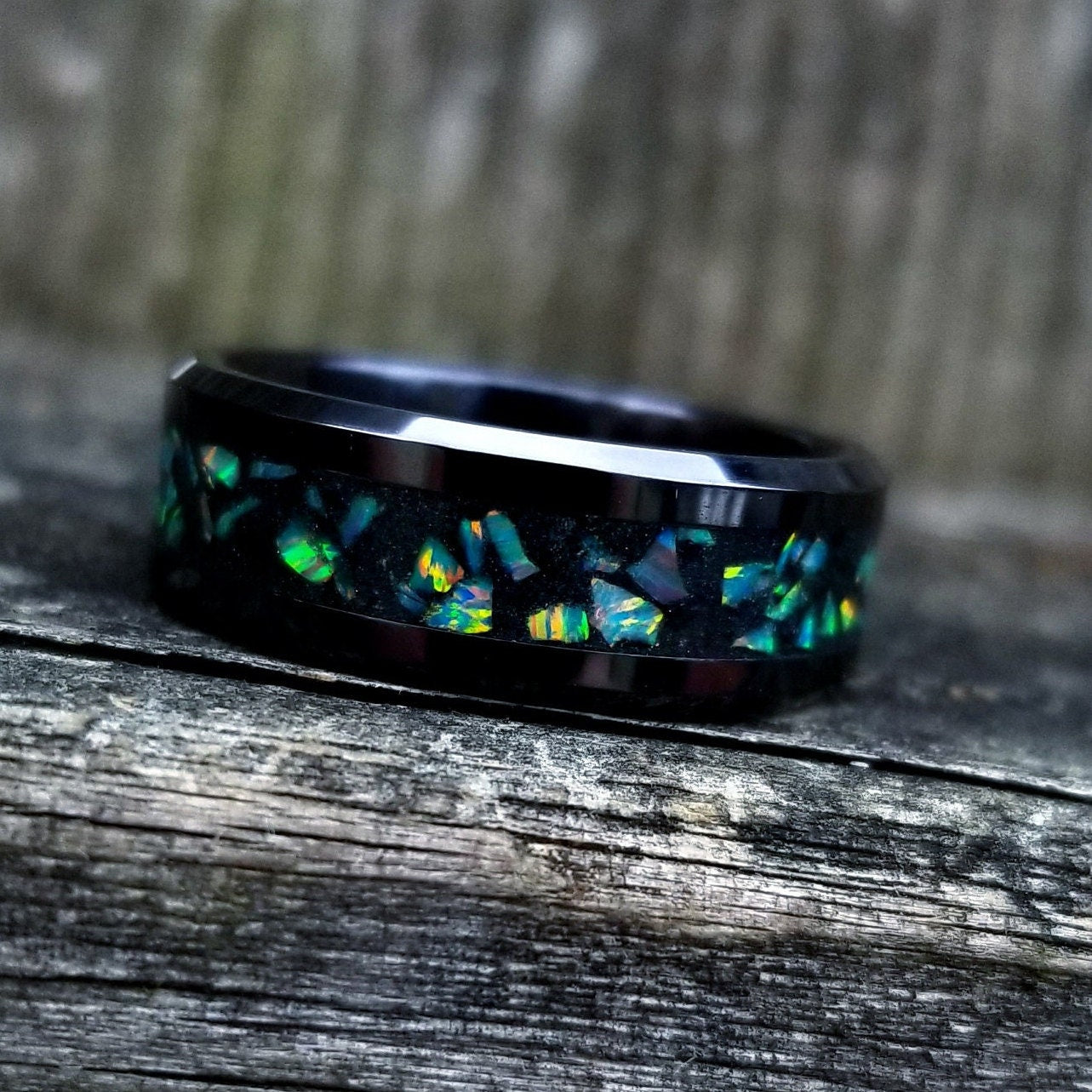 Black ceramic and jade opal blackout glow ring. Black ceramic ring. Black fire opal ring. Opal ring. Men's ring. Women's ring. Sizes 5-13