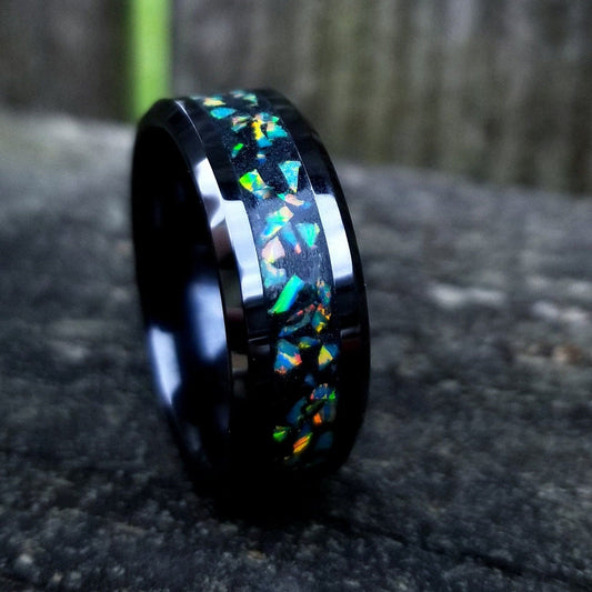 Black ceramic and jade opal blackout glow ring. Black ceramic ring. Black fire opal ring. Opal ring. Men's ring. Women's ring. Sizes 5-13
