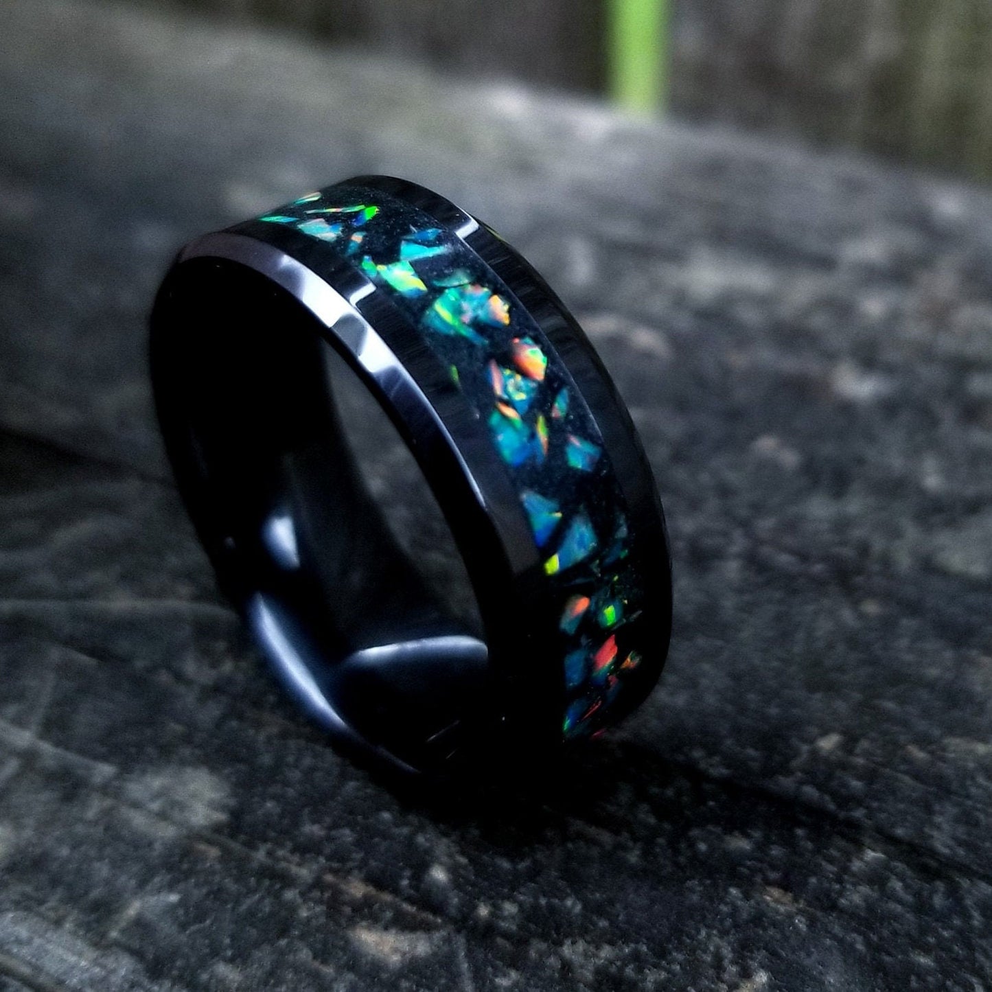 Black ceramic and jade opal blackout glow ring. Black ceramic ring. Black fire opal ring. Opal ring. Men's ring. Women's ring. Sizes 5-13