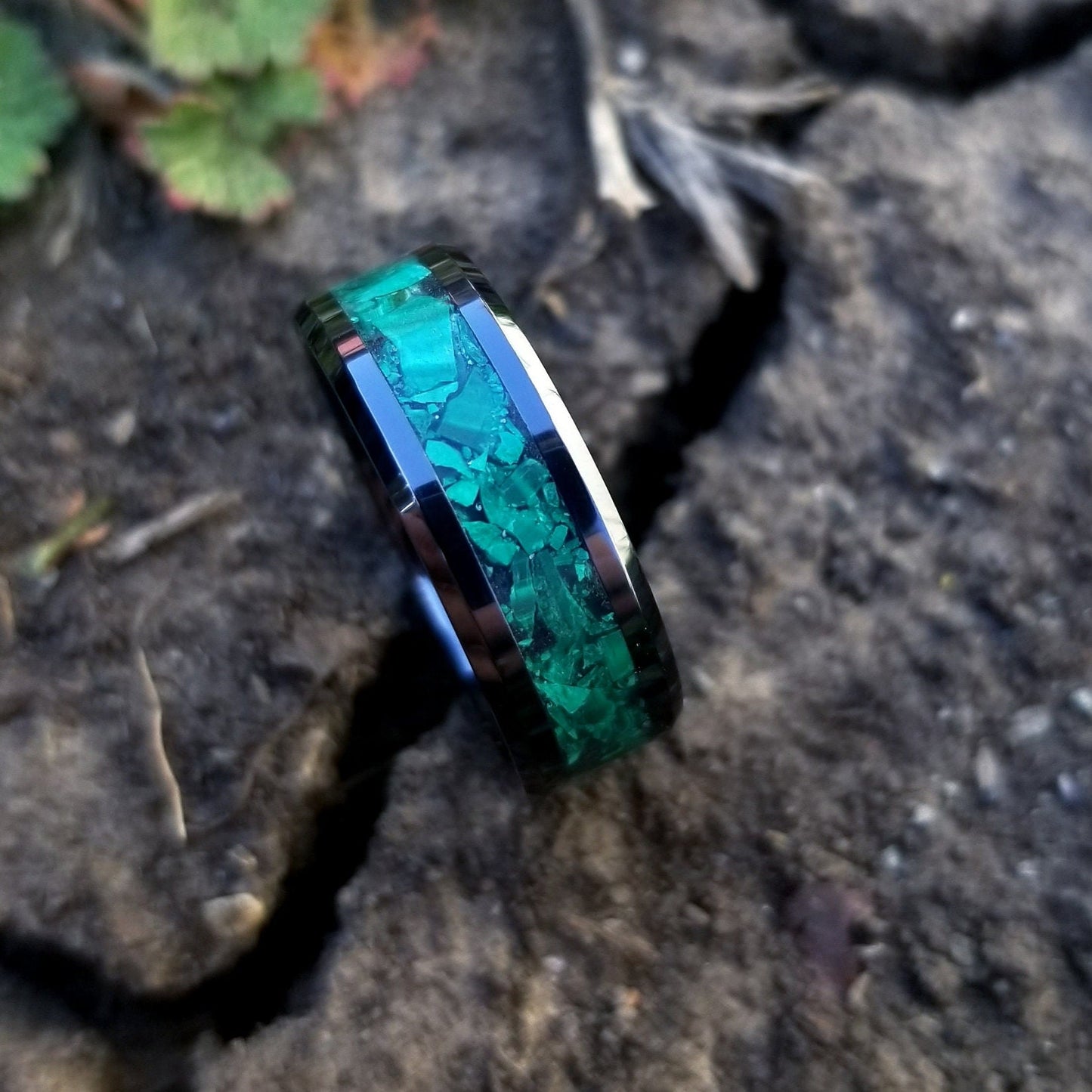 Black ceramic ring with full malachite inlay. genuine malachite ring. malachite jewelry Men's ring. Women's ring. Sizes 7-13