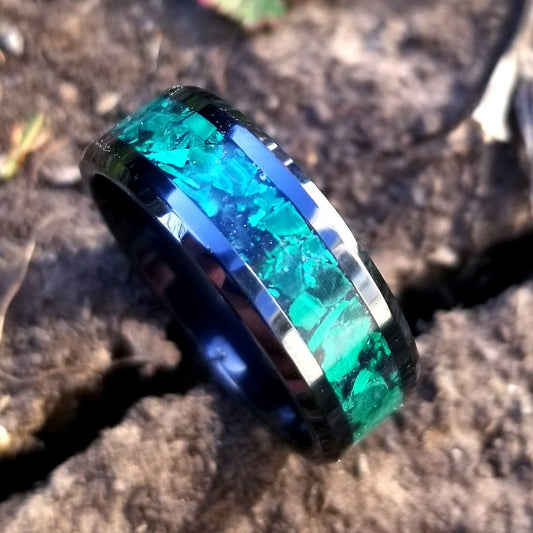 Black ceramic ring with full malachite inlay. genuine malachite ring. malachite jewelry Men's ring. Women's ring. Sizes 7-13