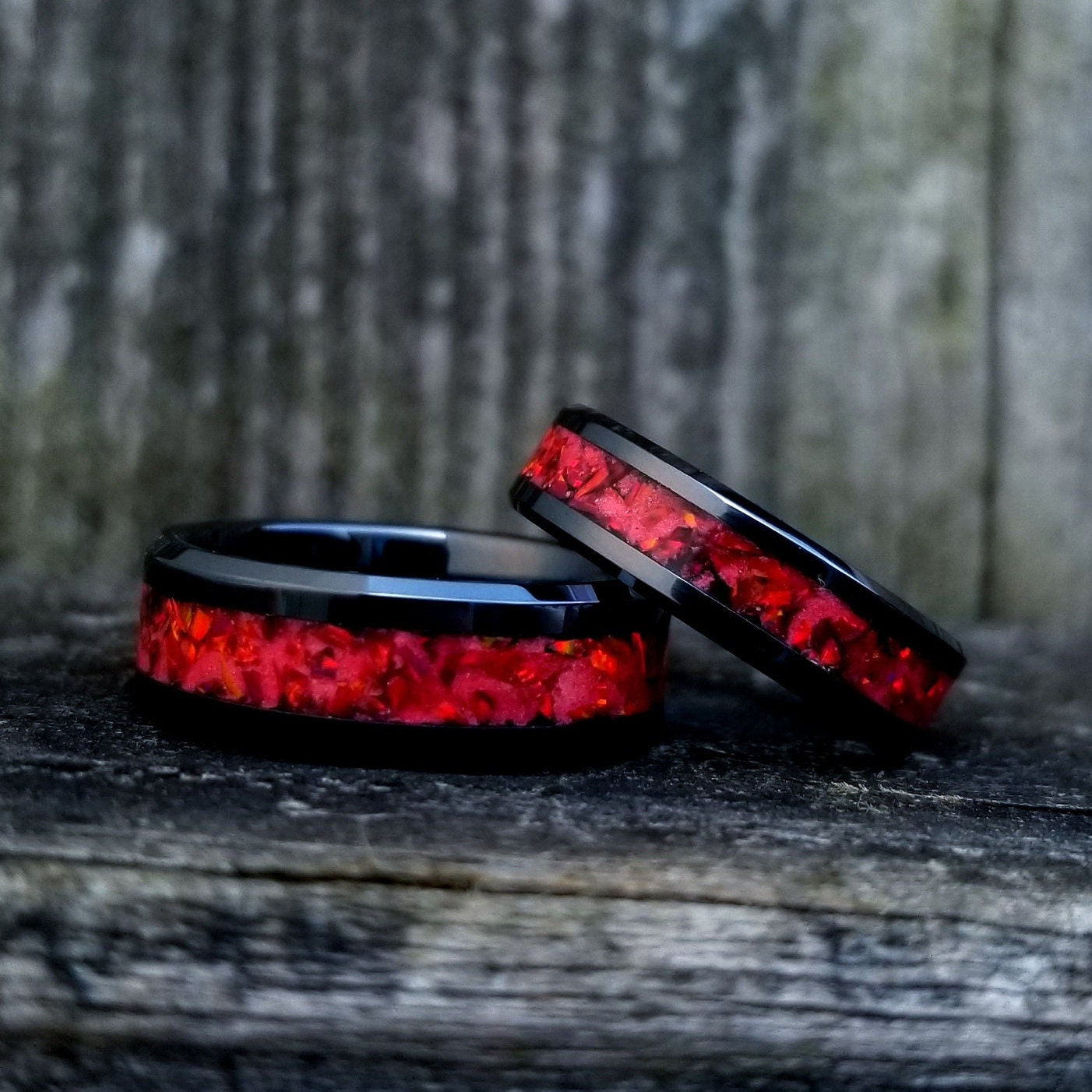Black ceramic ring with red fire opal and glowstone inlay. Black ceramic ring. Red opal. Opal ring. Men's ring. Women's ring. Sizes 5-13