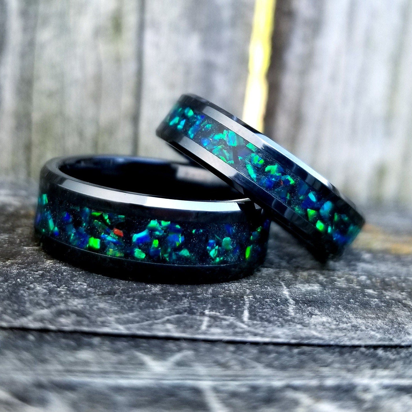 Black ceramic ring forest green opal glow ring. Black ceramic ring. green opal ring. Opal ring. Men's ring. Women's ring. Sizes 5-13