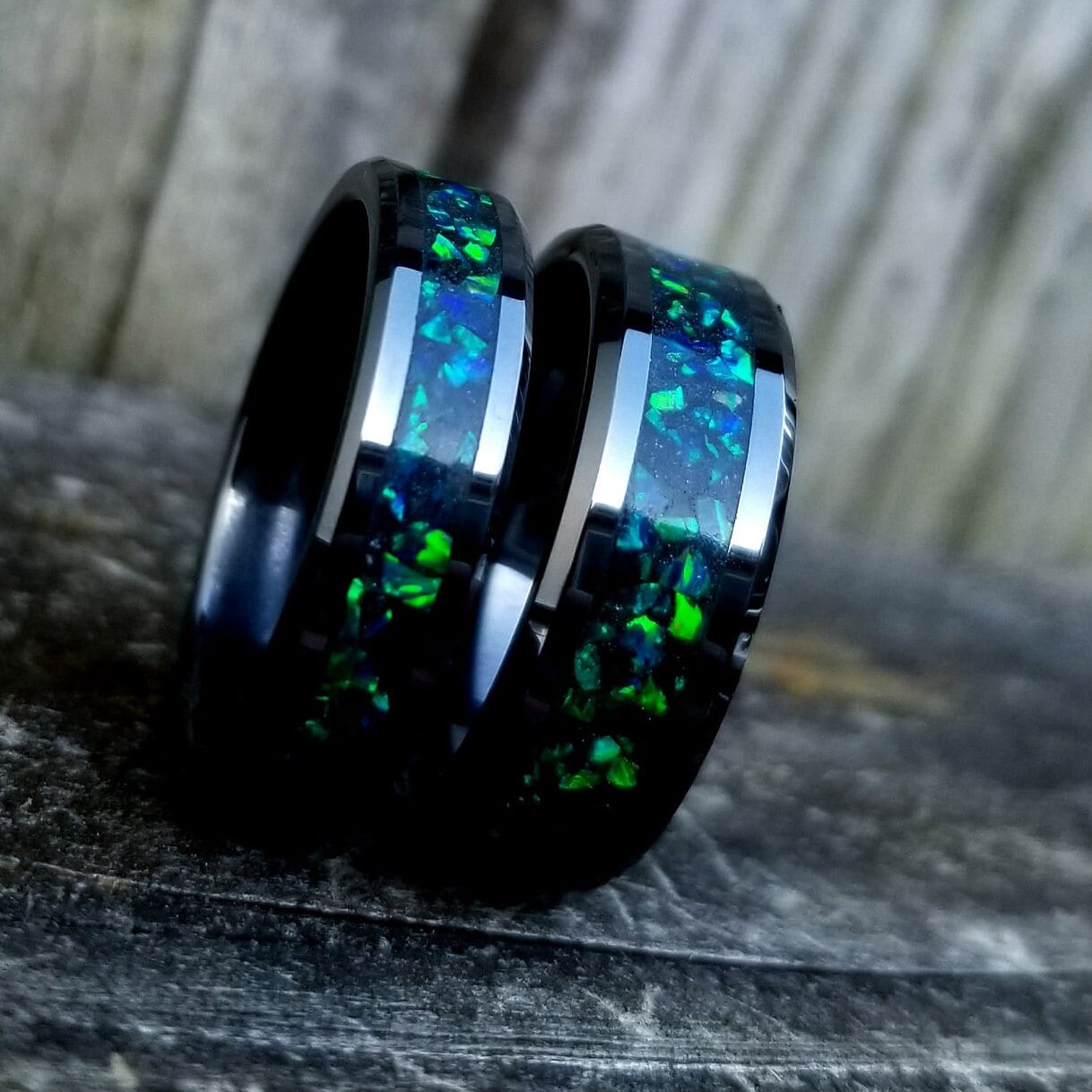 Black ceramic ring forest green opal glow ring. Black ceramic ring. green opal ring. Opal ring. Men's ring. Women's ring. Sizes 5-13