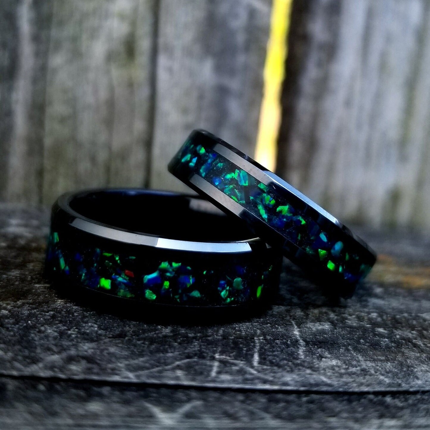 Black ceramic ring forest green opal glow ring. Black ceramic ring. green opal ring. Opal ring. Men's ring. Women's ring. Sizes 5-13