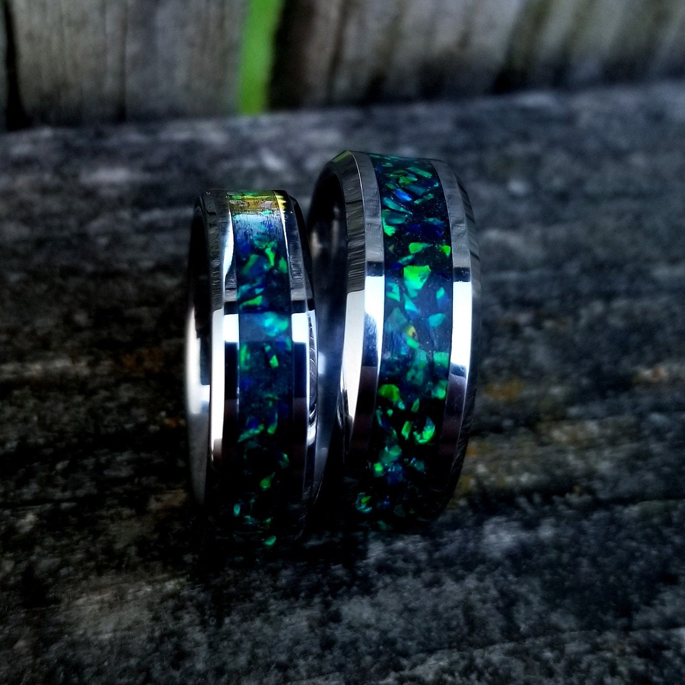 His and Hers Wedding Ring Set. Opal rings. Tungsten Carbide ring set with green fire opal and glowstone inlay. 8mm and 6mm rings. Sizes 5-13
