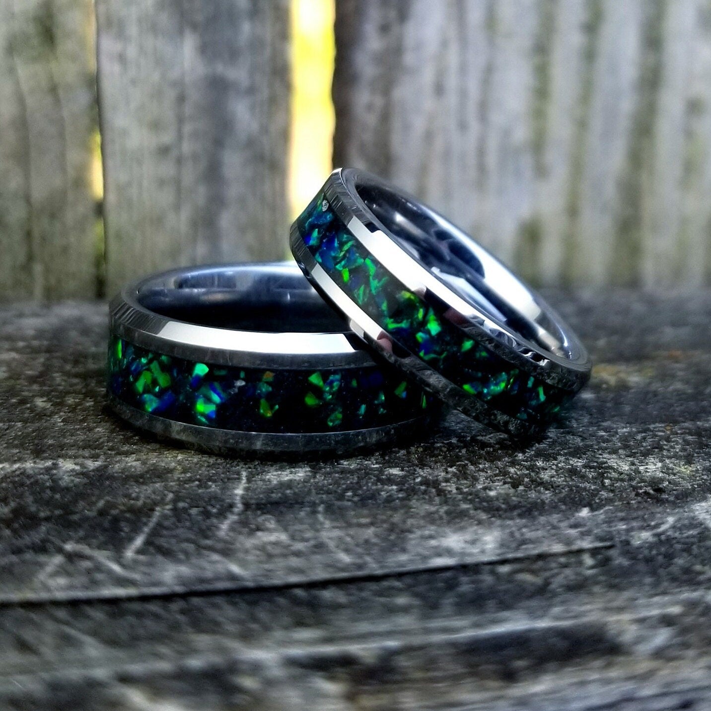 His and Hers Wedding Ring Set. Opal rings. Tungsten Carbide ring set with green fire opal and glowstone inlay. 8mm and 6mm rings. Sizes 5-13