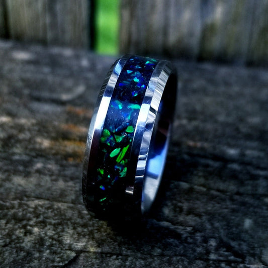 Tungsten carbide ring green fire opal glow ring. Tungsten carbide wedding band. green opal ring. Opal ring. Men's ring. Women's ring. Sizes 5-13