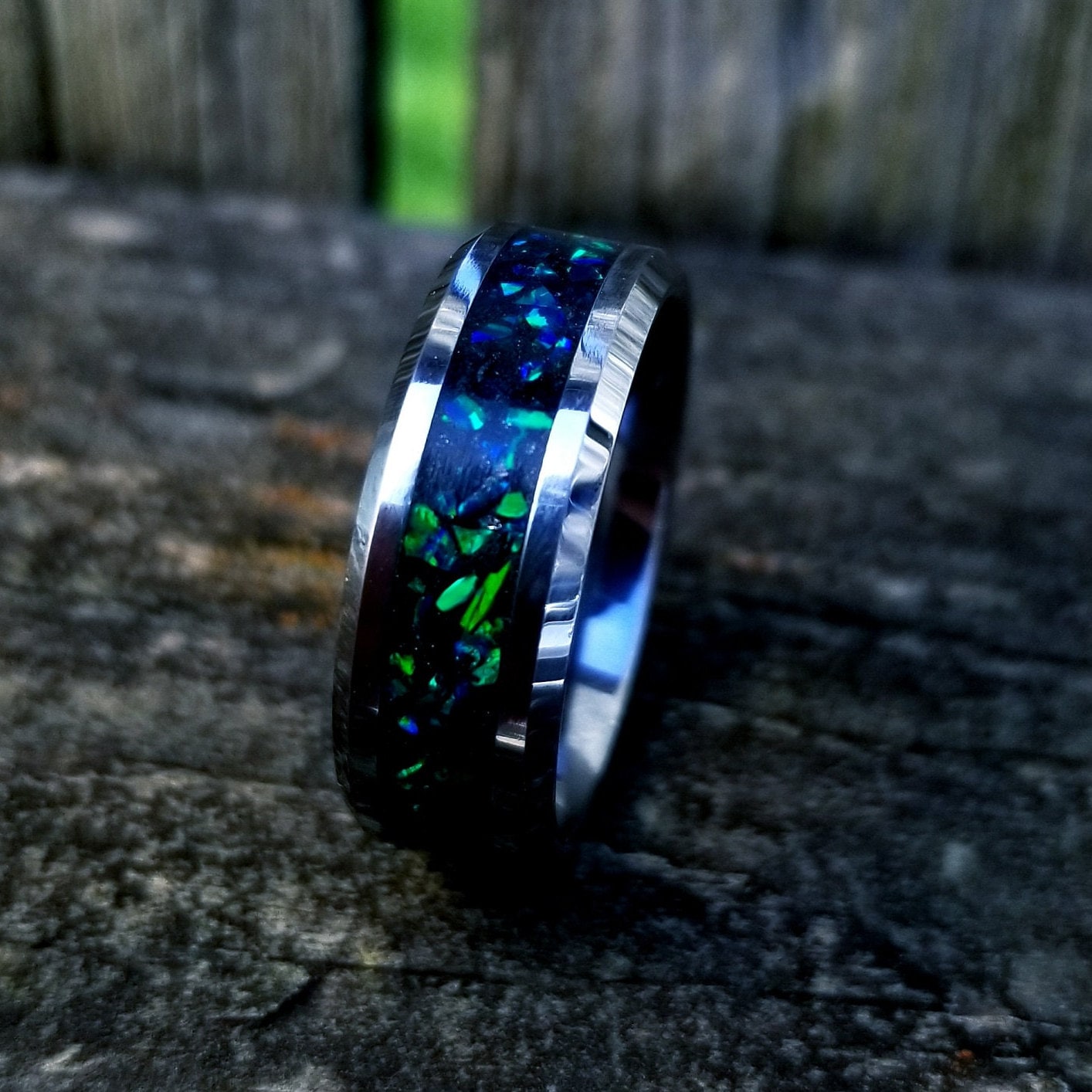 His and Hers Wedding Ring Set. Opal rings. Tungsten Carbide ring set with green fire opal and glowstone inlay. 8mm and 6mm rings. Sizes 5-13