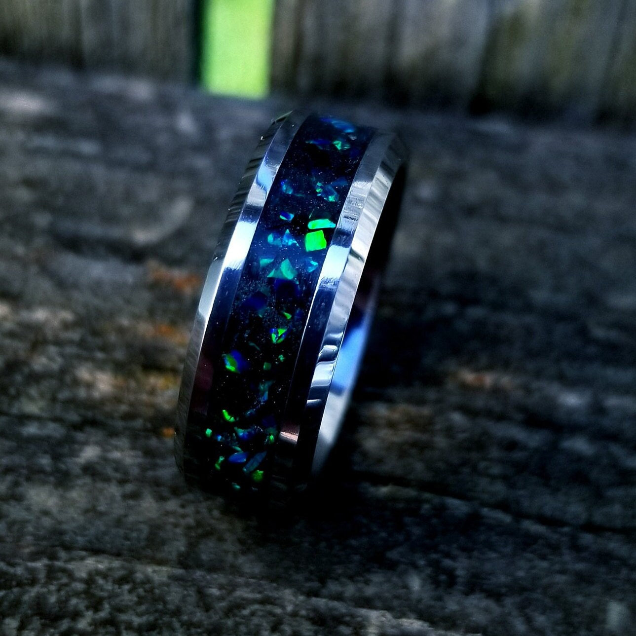 His and Hers Wedding Ring Set. Opal rings. Tungsten Carbide ring set with green fire opal and glowstone inlay. 8mm and 6mm rings. Sizes 5-13