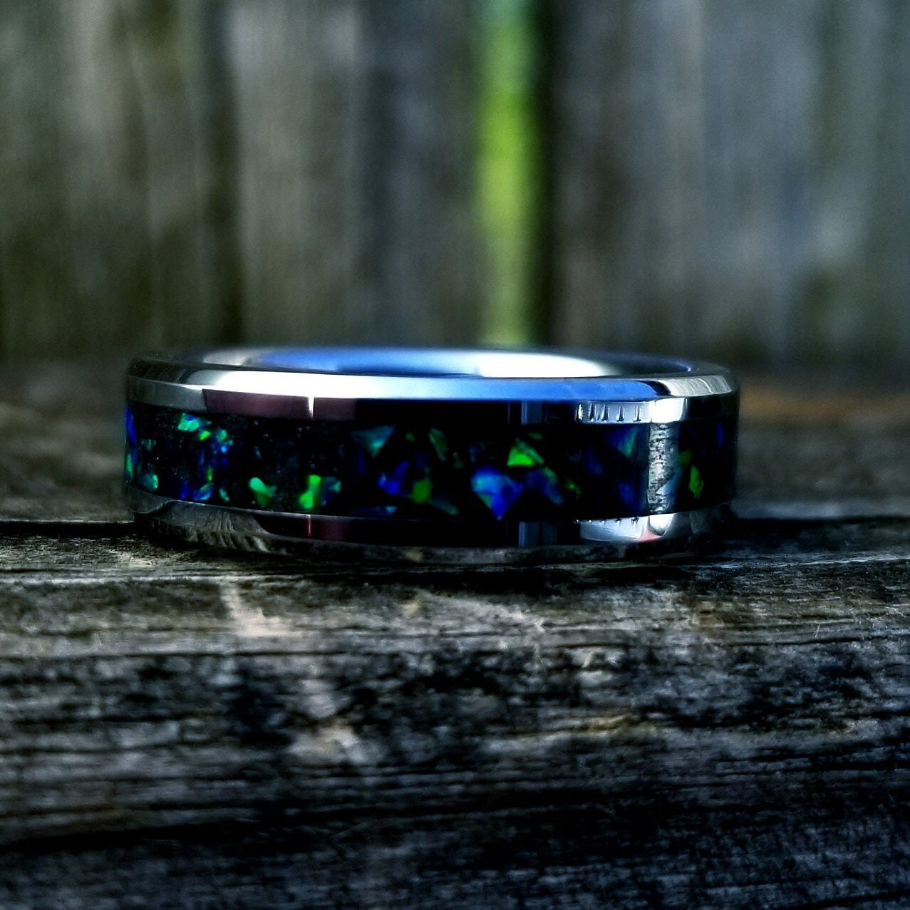 His and Hers Wedding Ring Set. Opal rings. Tungsten Carbide ring set with green fire opal and glowstone inlay. 8mm and 6mm rings. Sizes 5-13