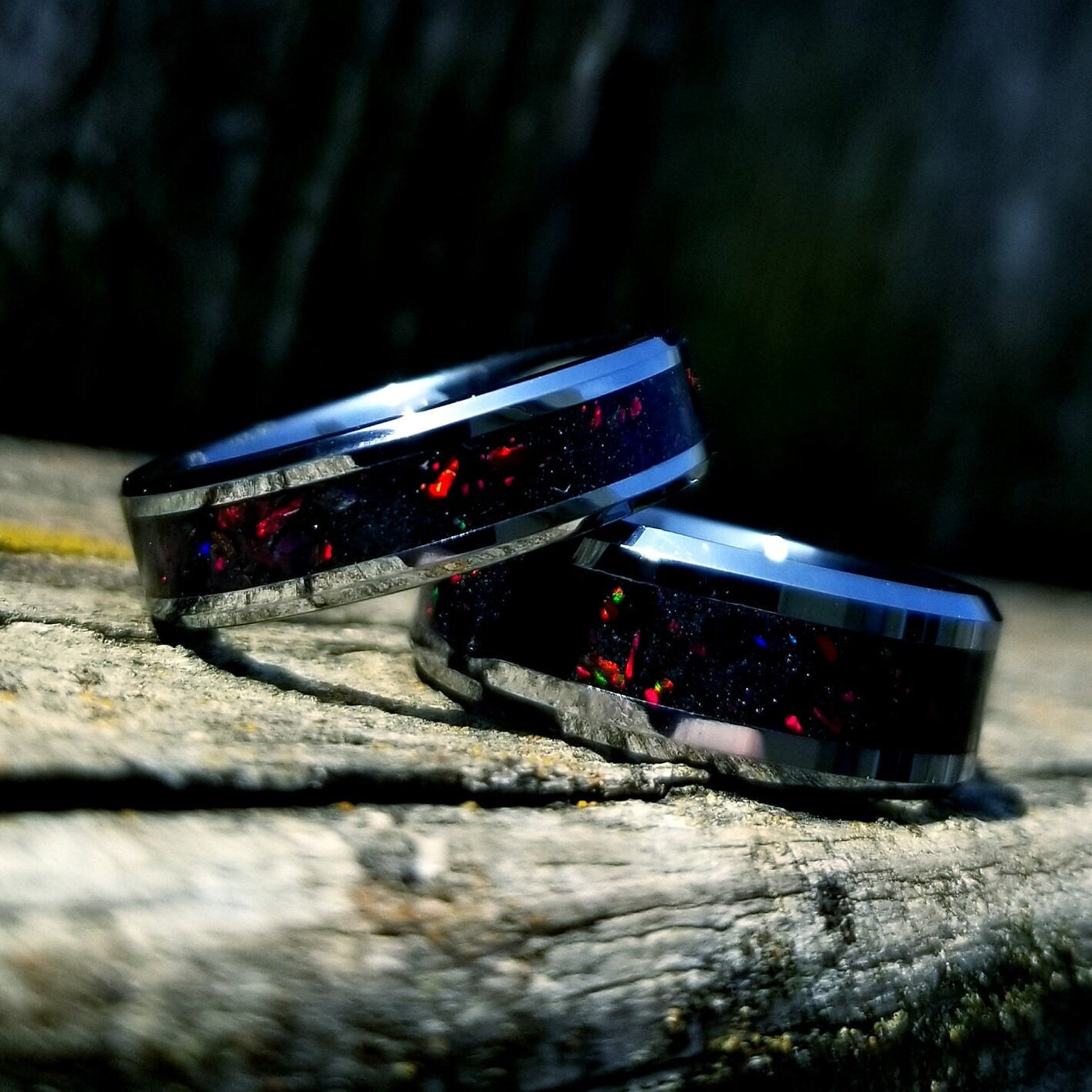 Tungsten carbide and fire opal blackout glow ring. Black ceramic ring. Black fire opal ring. Opal ring. Men's ring. Women's ring. Sizes 5-13