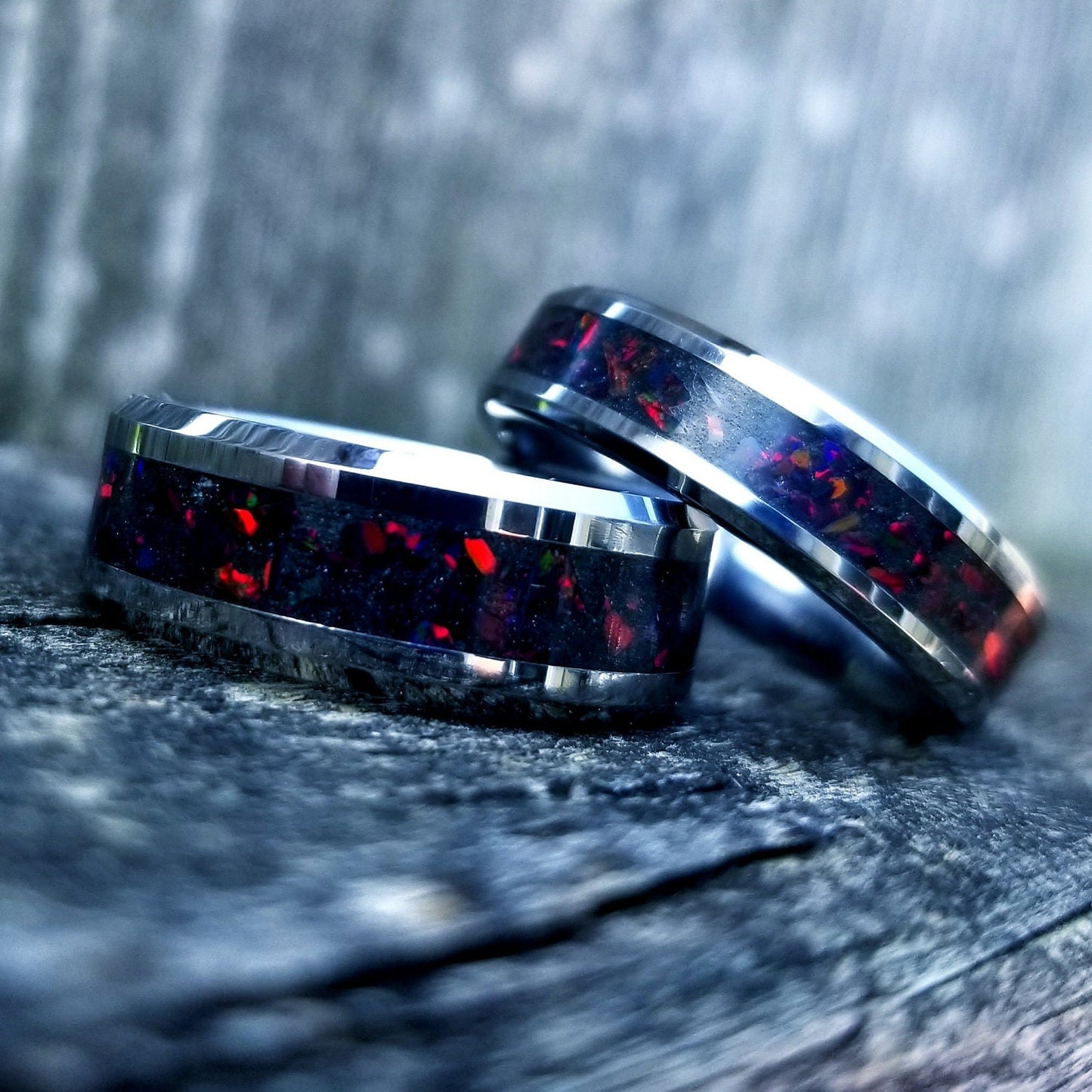 Tungsten carbide and fire opal blackout glow ring. Black ceramic ring. Black fire opal ring. Opal ring. Men's ring. Women's ring. Sizes 5-13
