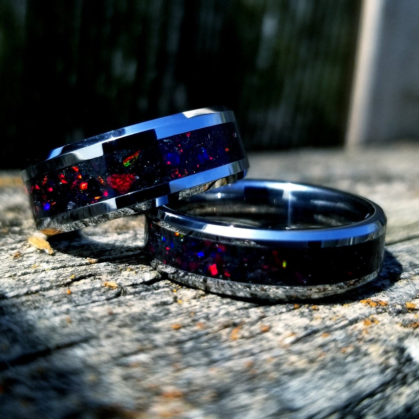 Tungsten carbide and fire opal blackout glow ring. Black ceramic ring. Black fire opal ring. Opal ring. Men's ring. Women's ring. Sizes 5-13