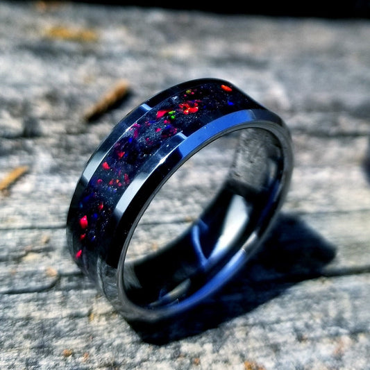 Tungsten carbide and fire opal blackout glow ring. Black ceramic ring. Black fire opal ring. Opal ring. Men's ring. Women's ring. Sizes 5-13