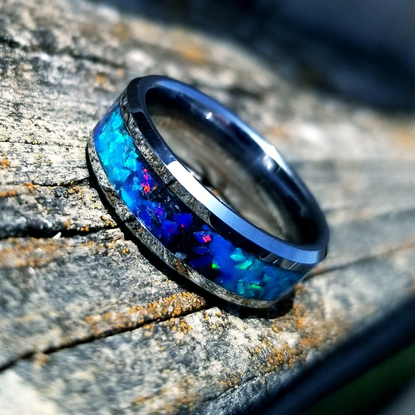 His and Hers wedding ring set. Galaxy fire opal ring. Tungsten glow ring set with turquoise opal and blue fire opal inlay. Sizes 5-13