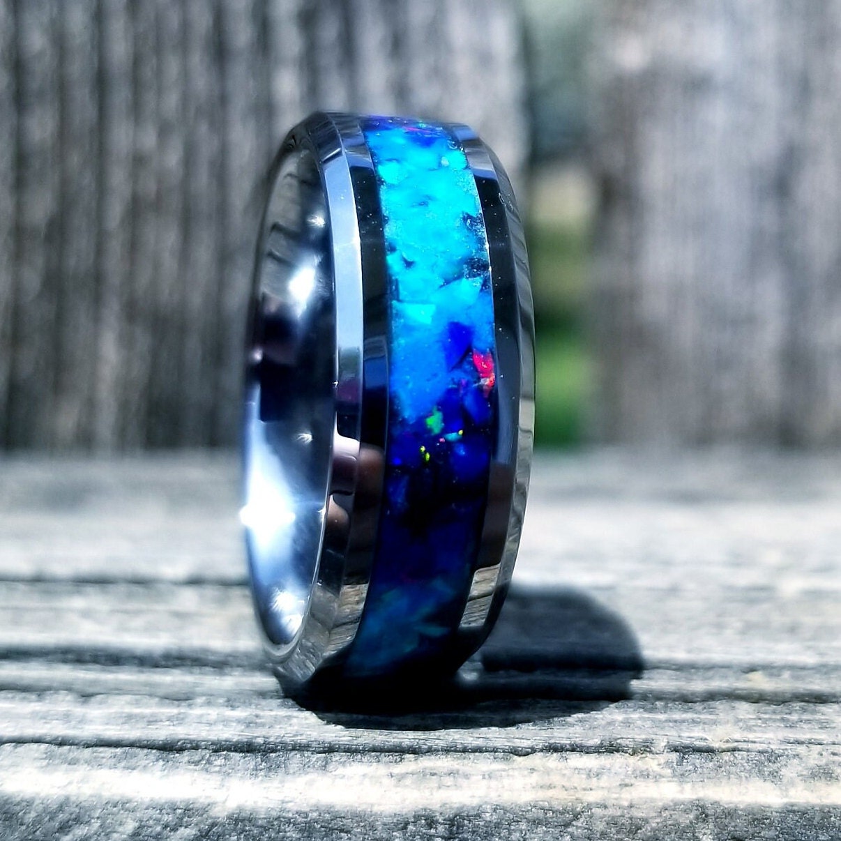 His and Hers wedding ring set. Galaxy fire opal ring. Tungsten glow ring set with turquoise opal and blue fire opal inlay. Sizes 5-13
