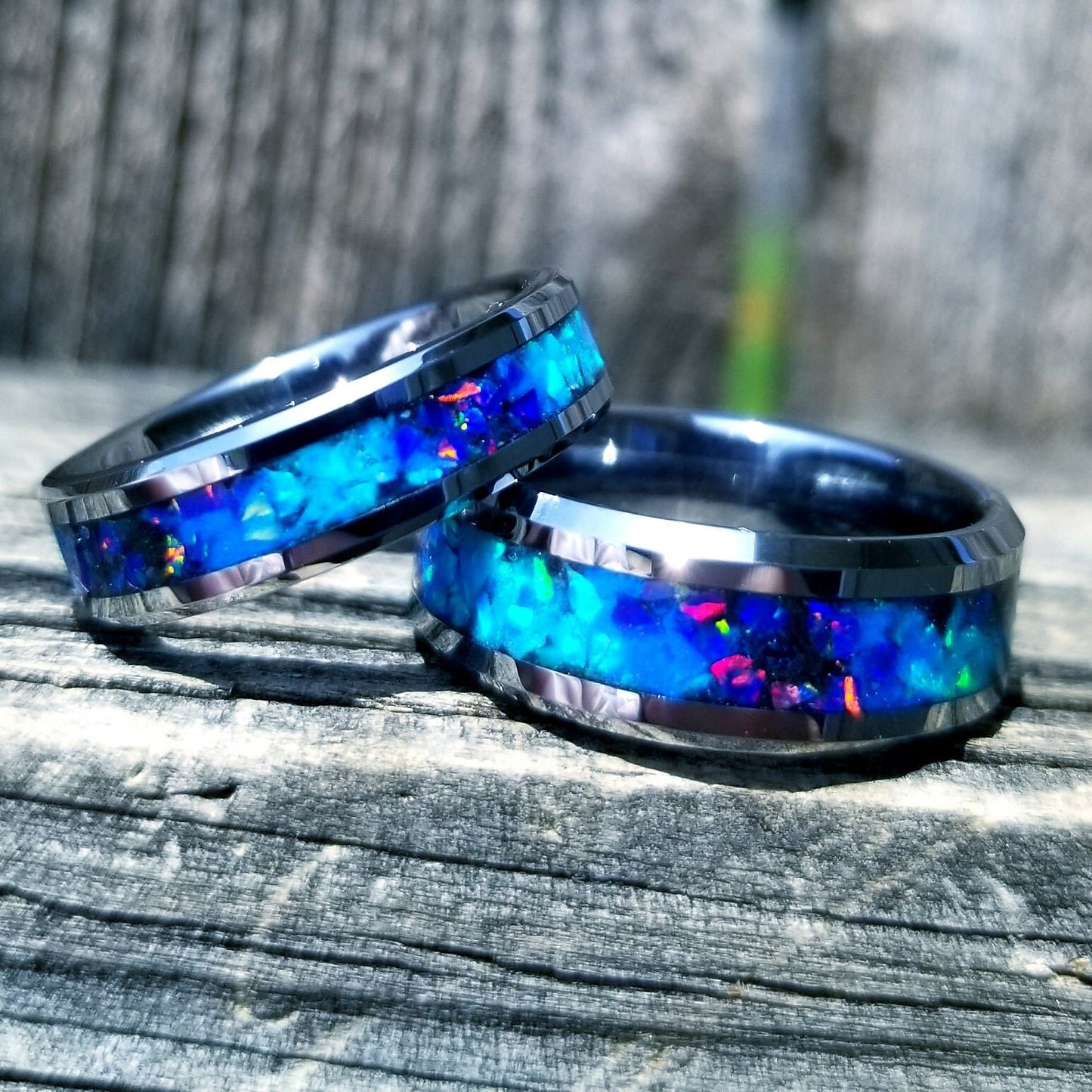 His and Hers wedding ring set. Galaxy fire opal ring. Tungsten glow ring set with turquoise opal and blue fire opal inlay. Sizes 5-13