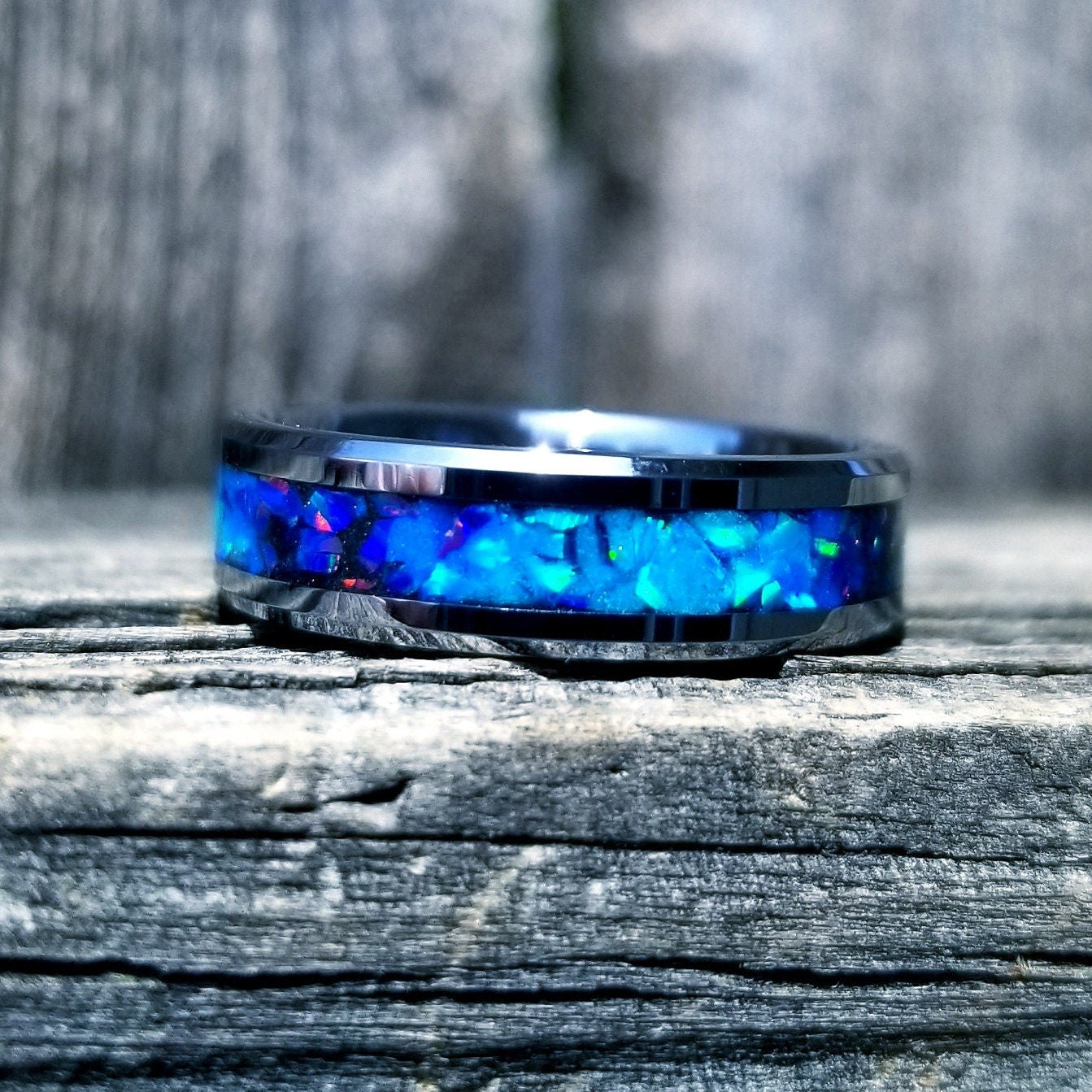 His and Hers wedding ring set. Galaxy fire opal ring. Tungsten glow ring set with turquoise opal and blue fire opal inlay. Sizes 5-13