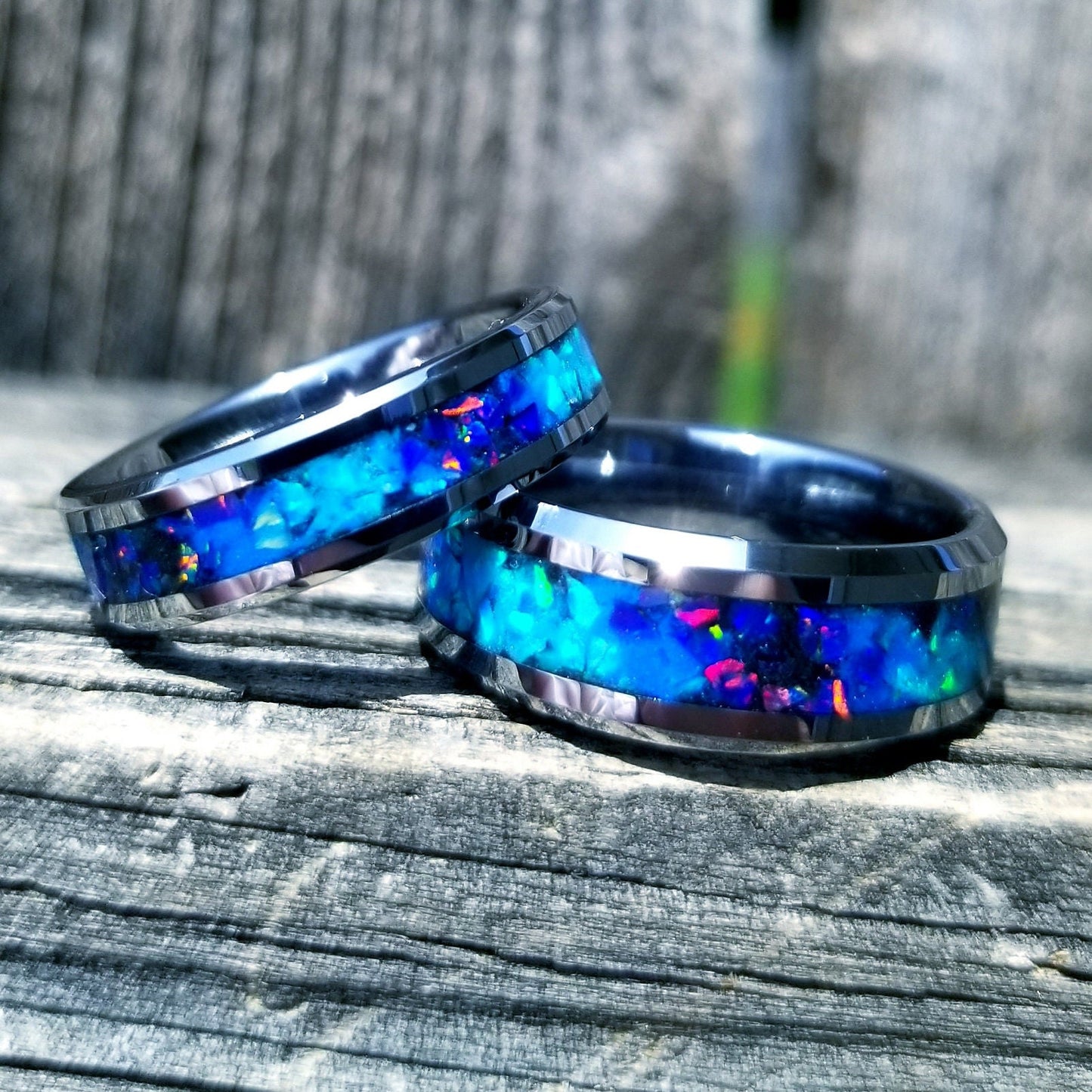 Tungsten carbide glow ring with turquoise opal and blue fire opal inlay. Men's ring. Women's ring. Wedding ring. Glow ring Sizes 5-13