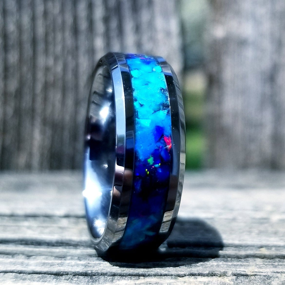 Tungsten carbide glow ring with turquoise opal and blue fire opal inlay. Men's ring. Women's ring. Wedding ring. Glow ring Sizes 5-13