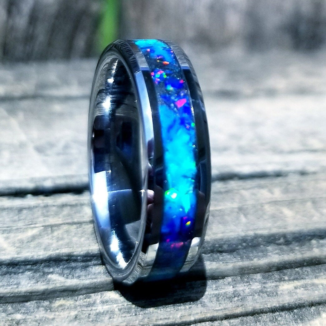 Tungsten carbide glow ring with turquoise opal and blue fire opal inlay. Men's ring. Women's ring. Wedding ring. Glow ring Sizes 5-13