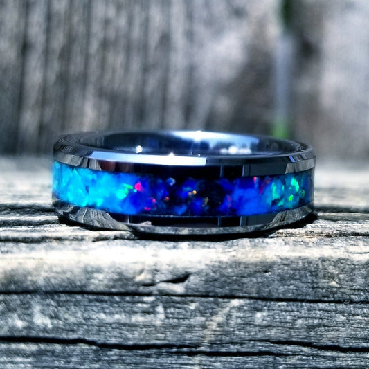 Tungsten carbide glow ring with turquoise opal and blue fire opal inlay. Men's ring. Women's ring. Wedding ring. Glow ring Sizes 5-13