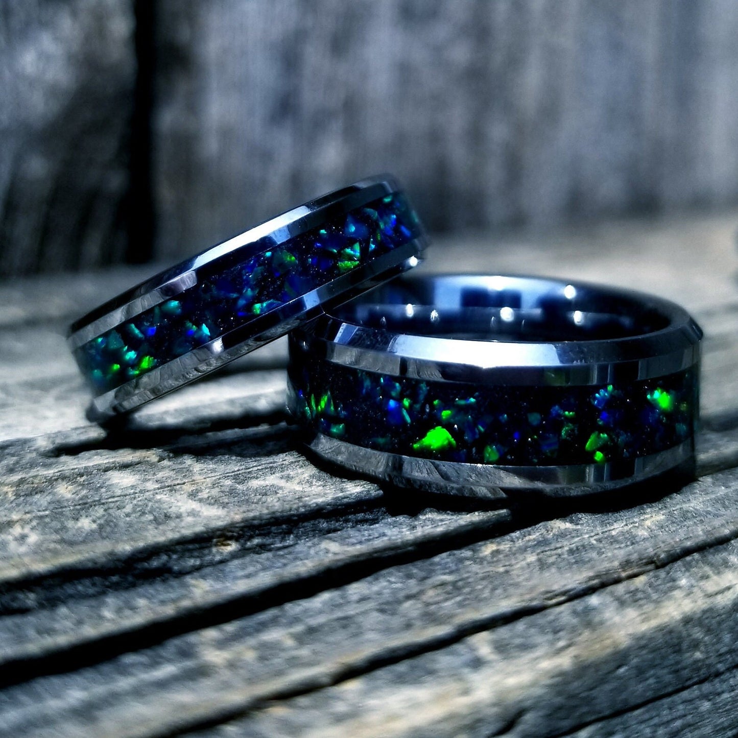 His and Hers Wedding Ring Set. Opal rings. Tungsten Carbide ring set with green fire opal and glowstone inlay. 8mm and 6mm rings. Sizes 5-13