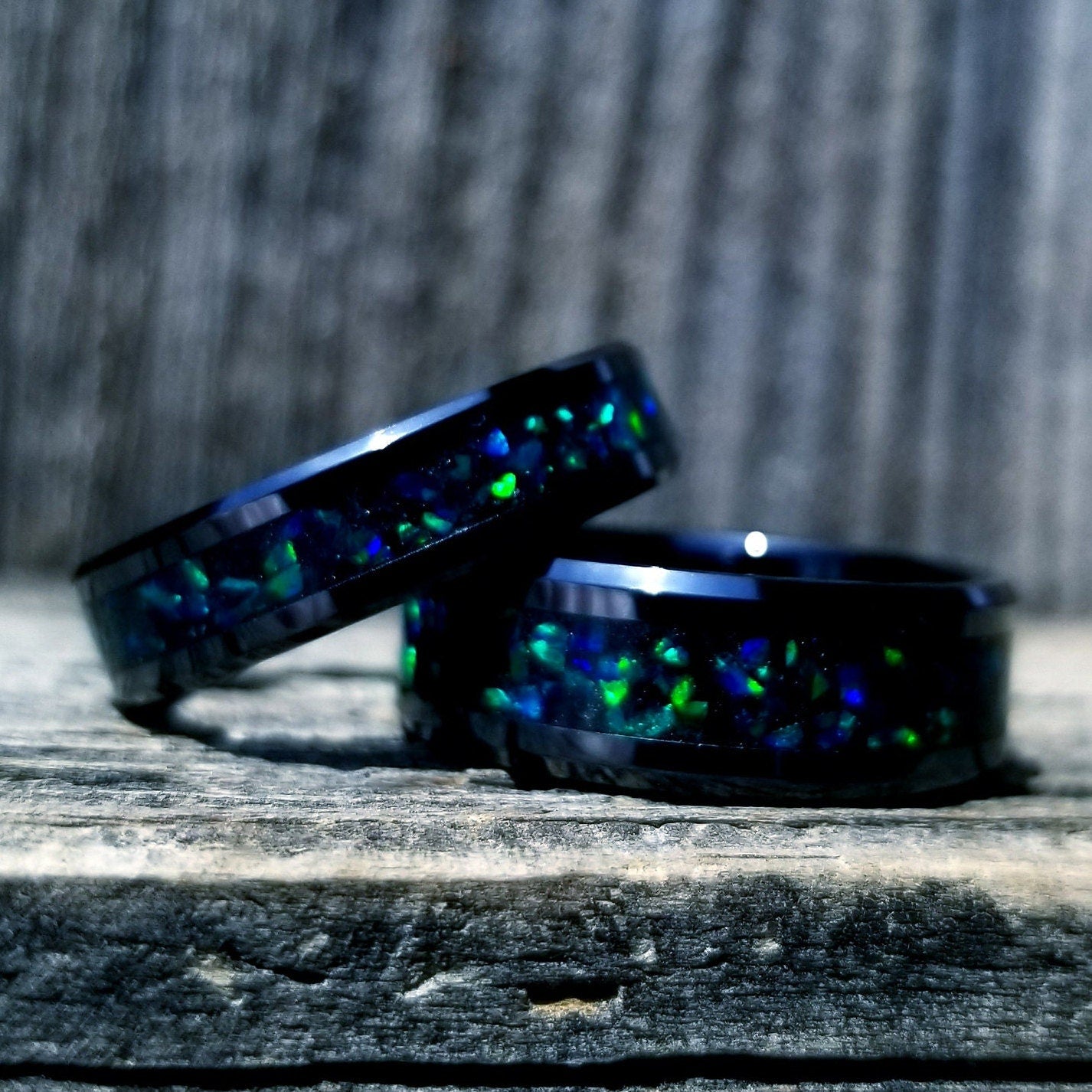 His and Hers Deep Underwater Opal Wedding Band Set Black Ceramic