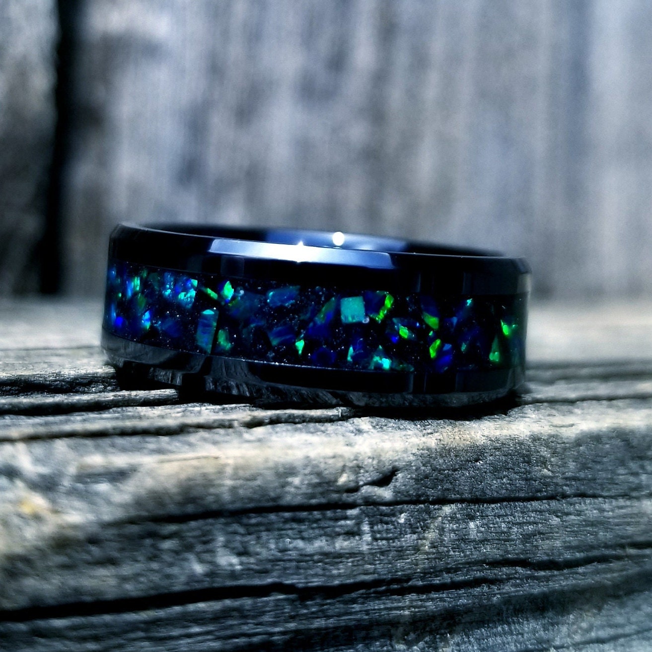 His and Hers Wedding Ring Set. Opal rings. Black Ceramic ring set with green fire opal and glowstone inlay. 8mm and 6mm rings. Sizes 5-13