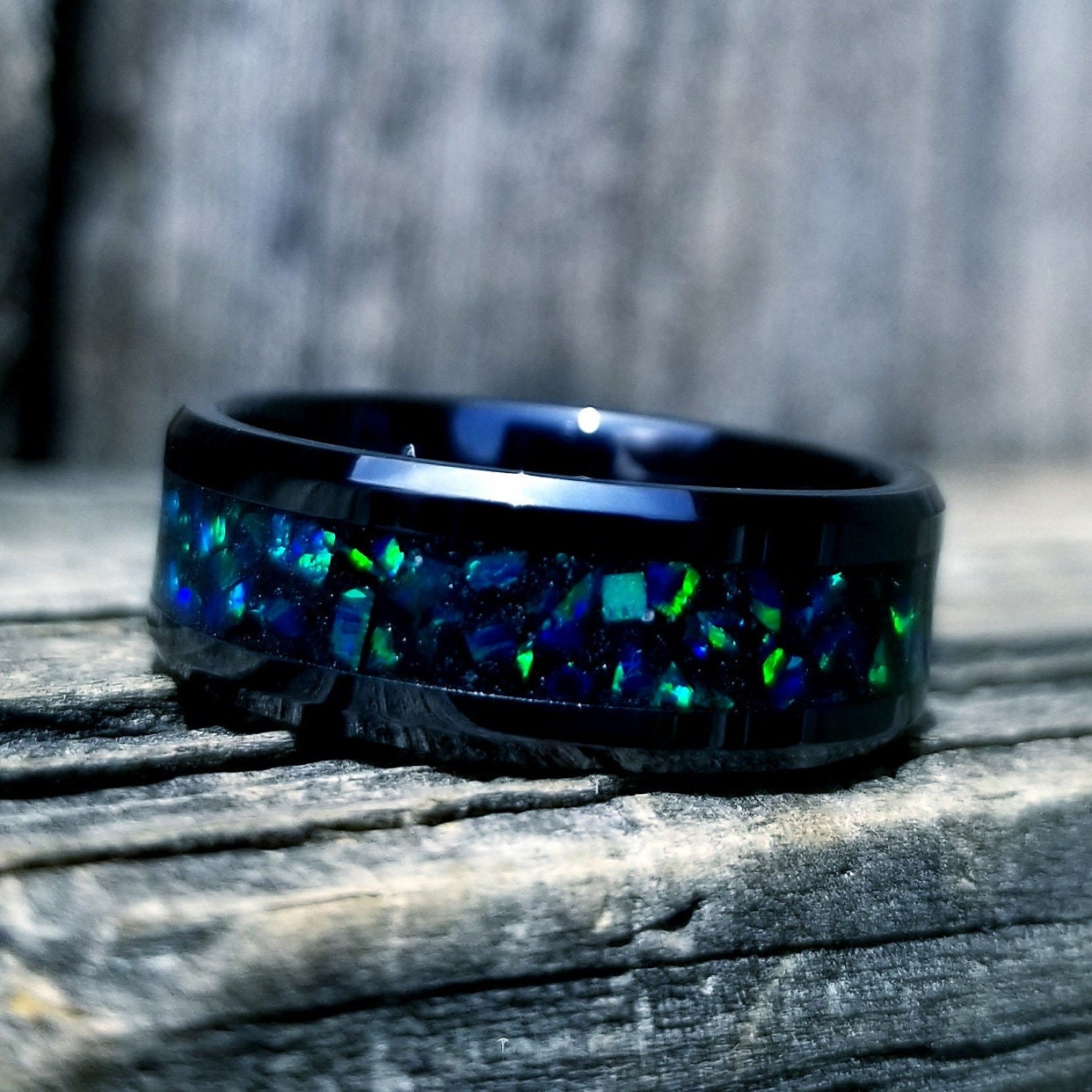 Black ceramic ring forest green opal glow ring. Black ceramic ring. green opal ring. Opal ring. Men's ring. Women's ring. Sizes 5-13