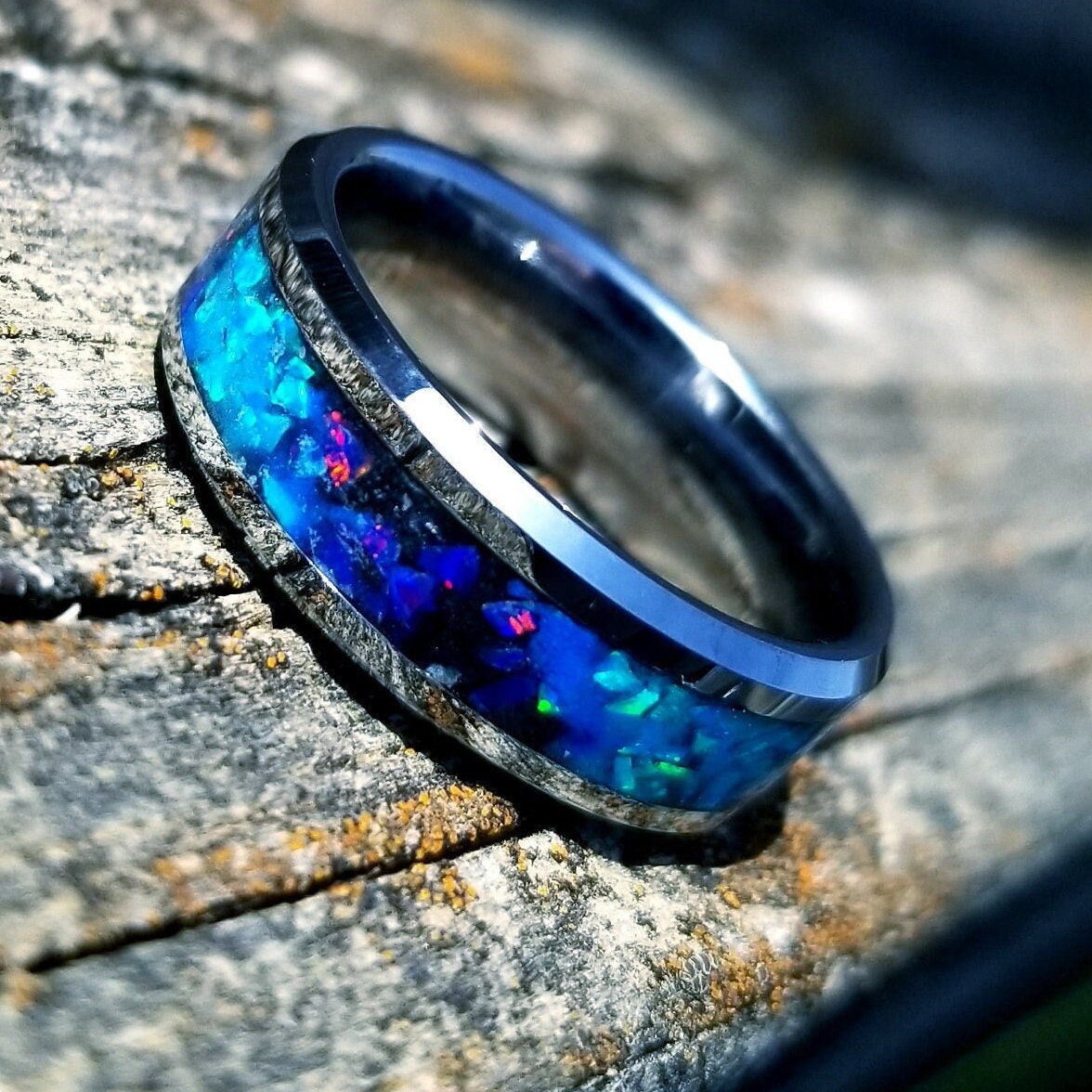 Tungsten carbide glow ring with turquoise opal and blue fire opal