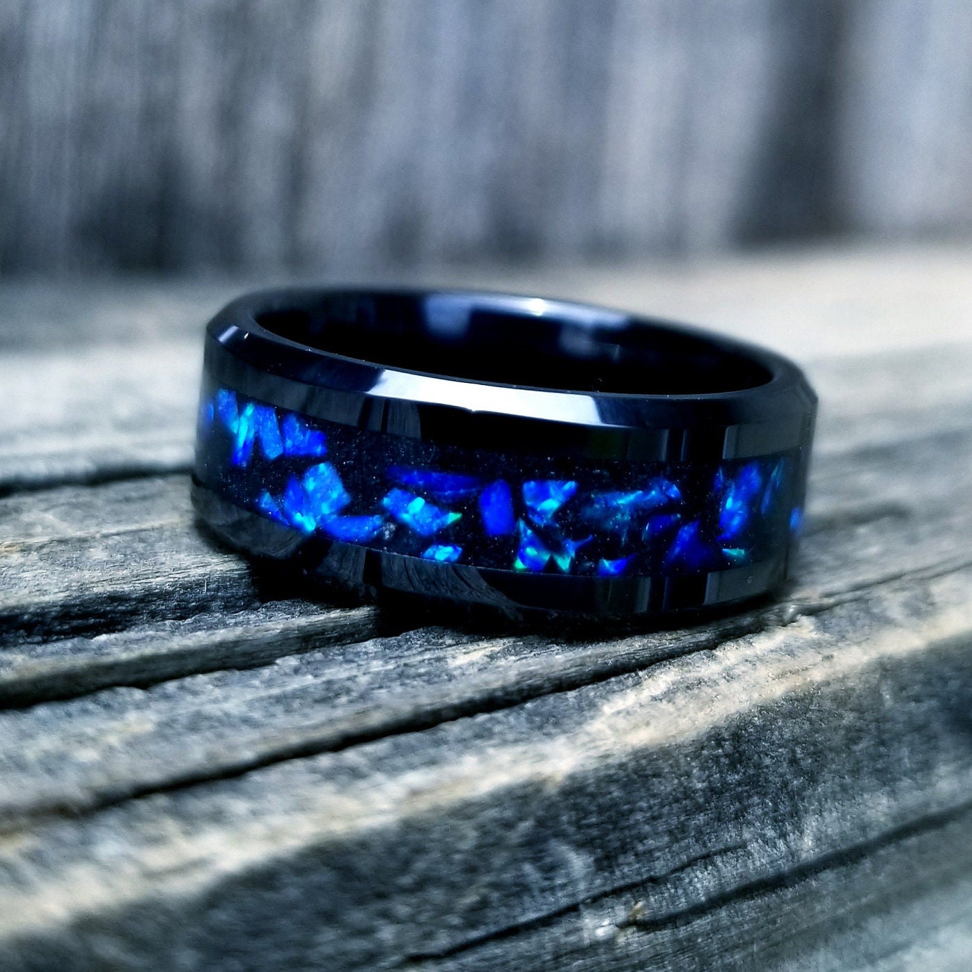 His and Hers Wedding Ring Set. Opal rings. Black Ceramic ring set with violet fire opal and glowstone inlay. 8mm and 6mm rings. Sizes 5-13