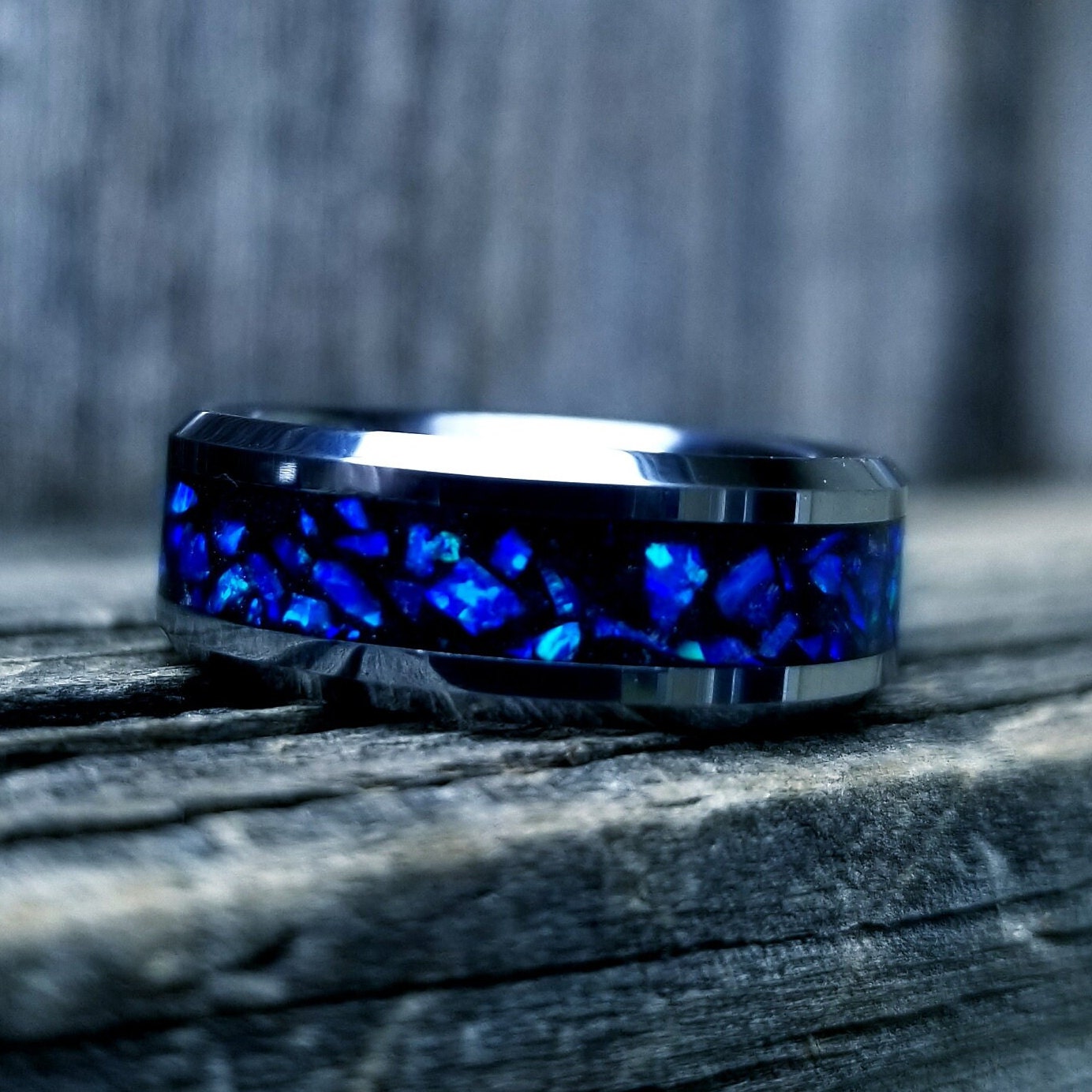 Tungsten carbide glow ring with blue violet opal and glowstone inlay. Men's ring. Women's ring. Wedding ring. Glow ring Sizes 5-13
