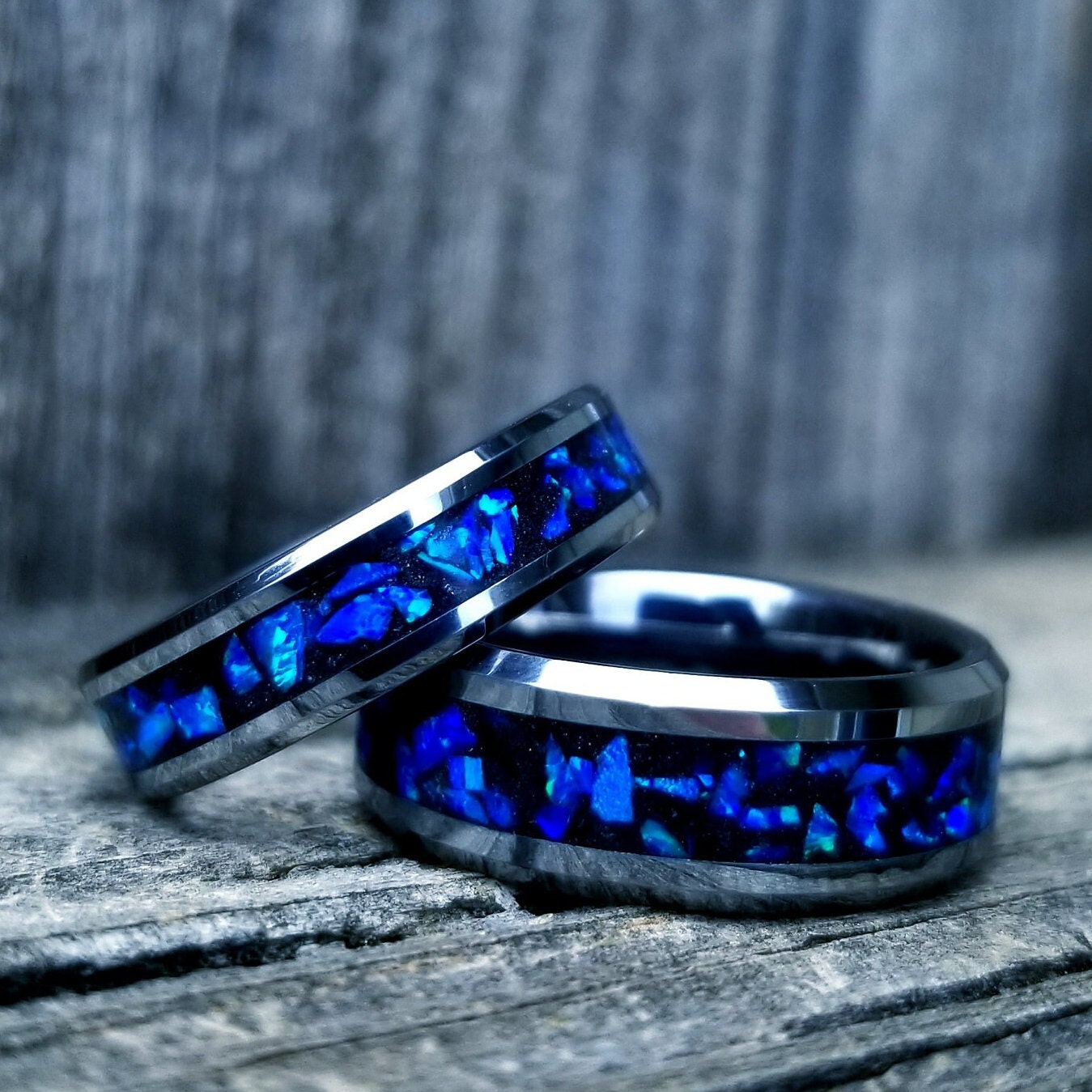 Tungsten carbide glow ring with blue violet opal and glowstone inlay. Men's ring. Women's ring. Wedding ring. Glow ring Sizes 5-13